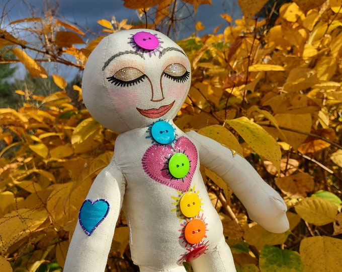 Reiki Remote Healing Doll, Hand Painted & Stitched Rainbow Buttons Chakra Healing Doll for Remote Sessions, Cotton Doll for Energy Healing