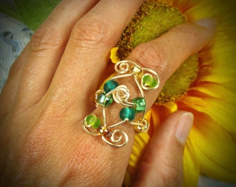 Wire Wrapped Ring, Gold & Green Wire Ring, Handmade Green and Gold Ring, One of a Kind Wire Ring, Large Golden Forest Fairy Ring, Fairy Gift