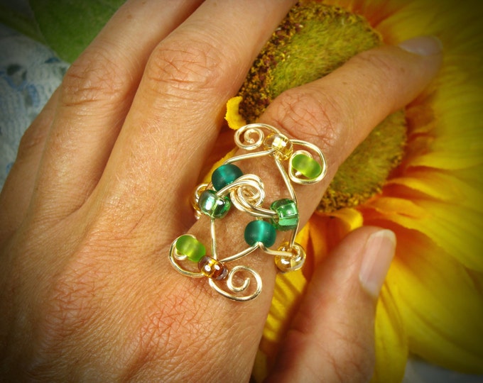 Wire Wrapped Ring, Gold & Green Wire Ring, Handmade Green and Gold Ring, One of a Kind Wire Ring, Large Golden Forest Fairy Ring, Fairy Gift