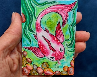 ACEO Hand-Painted Koi Fish Mixed Media Watercolor, Ink & Charcoal Pencil Artist's Original Painting Signed