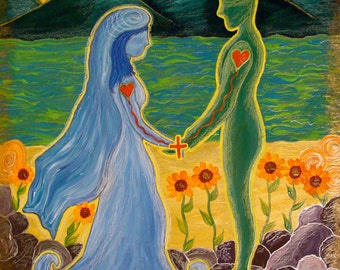 Bride and Groom Painting, Wedding Painting, Anniversary Painting, Soul Mates Original Mixed Media 8" x 8" Painting Romantic Gift for Couple