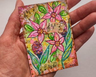 ACEO Hand-Painted Mixed Media Watercolor, Acrylic & Ink Artist's Original Collage Painting Signed