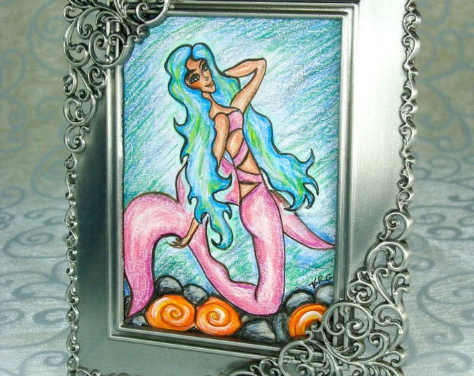 Pink Mermaid Drawing. Little Pink Mermaid Painting, Small Mermaid Painting, Mermaid Watercolor, Pink Mermaid Art Original Pink Mermaid Gift