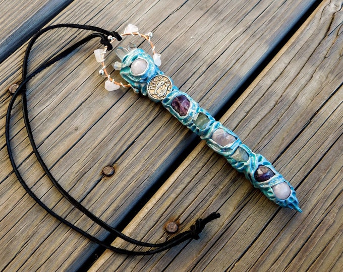 Pisces Pendant Wand Necklace, Pisces Silver Emblem Pendant Wand, Crystal Wand with Amethyst, Aquamarine and Hematite Crystals Fun Gift