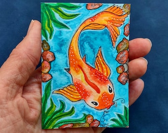 ACEO Hand-Painted Koi Gold Fish Mixed Media Watercolor, Ink & Charcoal Pencil Artist's Original Painting Signed