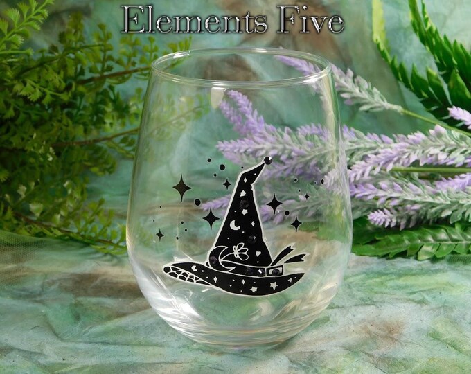 Witch Cup, Witch Hat Glass, Witchy Wine Glass with No Stem and Cute Black With Hat With Purple Rhinestones, Magic Witch Hat Clear Glass Cup