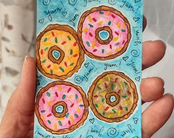 ACEO Hand-Painted Mixed Media Donuts Watercolor & Ink Artist's Original Painting Signed