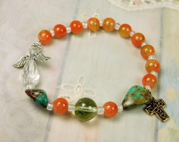 Orange Rosary Bracelet, Orange 7" Rosary Bracelet with Orange Glass Beads, Turquoise and a Crystal Angel Prayer Bead Bracelet Spiritual Gift
