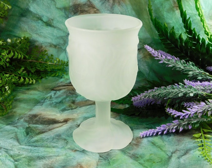 White Chalice, Vintage Frosted White Glass Chalice With Embossed Leaves Design By Avon, White Frosted Glass Wine Goblet With Fancy Stem Gift
