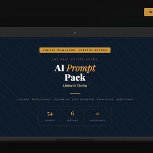 Może przedstawiać: Ekran laptopa wyświetla produkt cyfrowy zatytułowany "AI Prompt Pack" dla agentów nieruchomości. Projekt ma granatowe tło ze złotym tekstem i akcentami, w tym słowa "Natychmiastowe pobieranie". Pakiet zawiera 54 podpowiedzi i 6 sekcji.