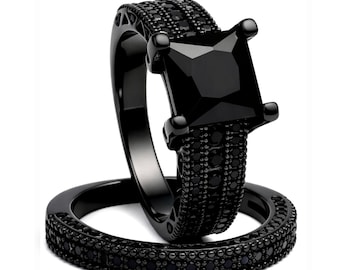 Liza Black Wedding Ring Set for Woman Cz Gothic  Engagement Ring Ginger Lyne Collection