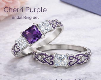 Cherri Purple Wedding Ring Set for Women Cz Princess Engagement Ring Matching Band Ginger Lyne Collection