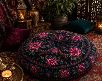 Boho Floral Tufted Round Floor Pillow, Dark Meditation Cushion, Lounge Seating