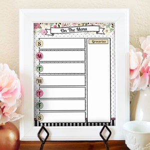 Planificador de menú floral - Tablero de menú de cocina - Menú de borrado en seco - Planificador de menú imprimible - Plan de comidas imprimible - Impresión de cocina de acuarela -