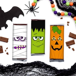 Halloween Party Favor Halloween Treat Tags Halloween Candy Bar Wrappers Printable Candy Bar Labels Frankenstein Mummy Pumpkin image 1