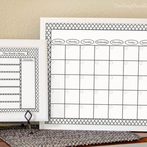 May include: Two white framed printable organizers, one with a weekly menu planner and the other with a daily calendar. Both organizers have a black and white geometric border.