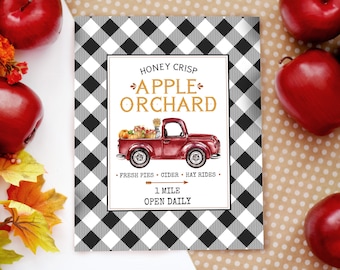 Apple Orchard Fall Sign - Autumn Farmhouse Decor - Pumpkin Patch Wall Art - Buffalo Check Fall Print - Red Truck Fall Sign - Printable