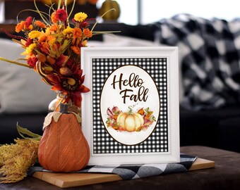 Hello Fall Print - Buffalo Check Fall Decor - Printable Fall Decor - Buffalo Check Pumpkin - Hello Fall - Printable Autumn Decor - PRINTABLE