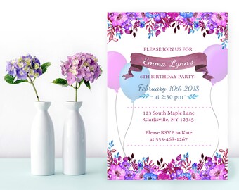 Purple Floral Birthday Invitation – Printable Flower Party Invite (Digital File)