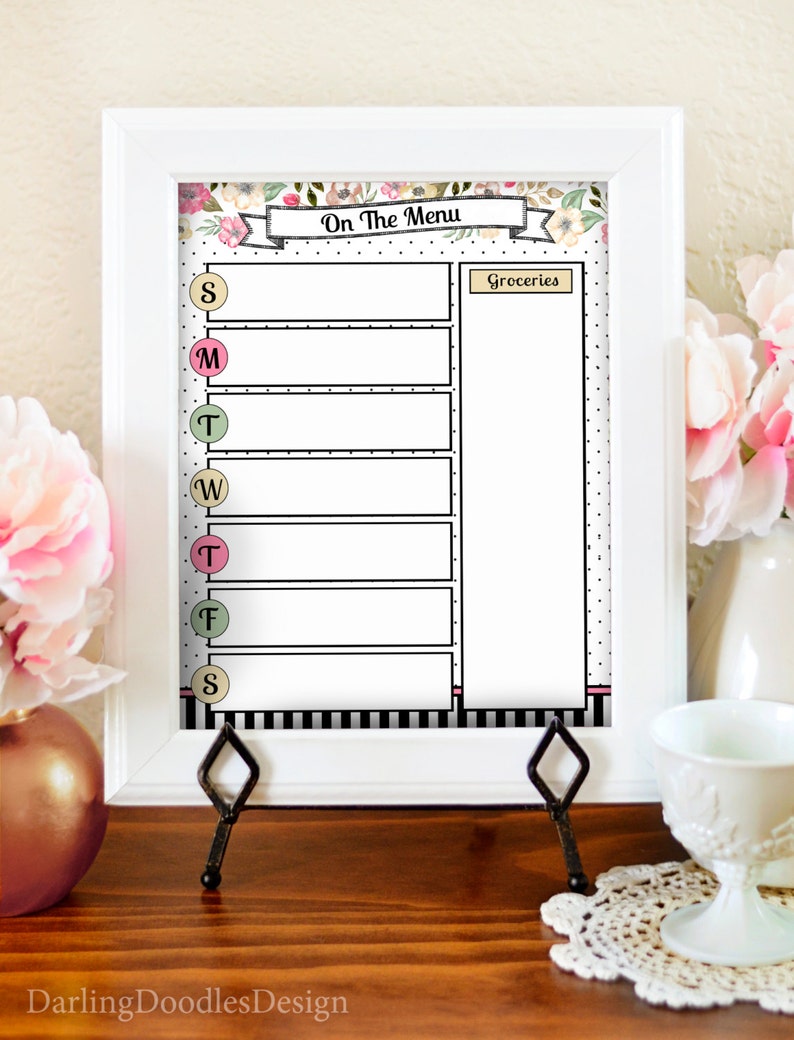 Floral Menu Planner Kitchen Menu Board Dry Erase Menu Printable Menu Planner Meal Plan Printable Watercolor Kitchen Print image 1