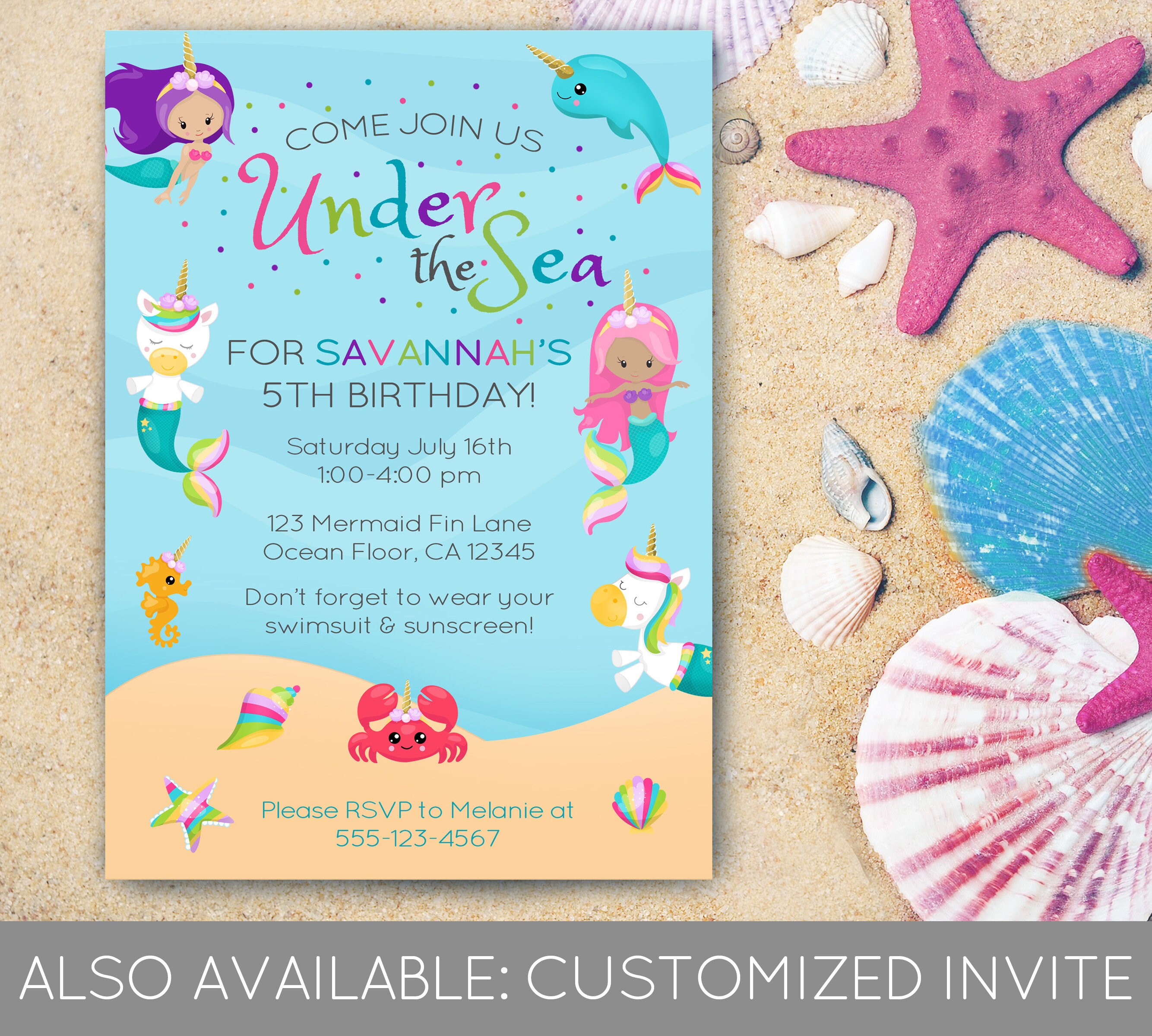 Mermaid Unicorn Happy Birthday Banner – Pool Party Pennant, 15 Panels + 2 End Pieces, 16 Ft Ribbon Included