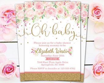 May include: Baby shower invitation with floral design. The invitation features the words "Oh baby" in gold script, with the name "Elizabeth Westin" and event details. Pink roses and gold polka dots decorate the invitation.