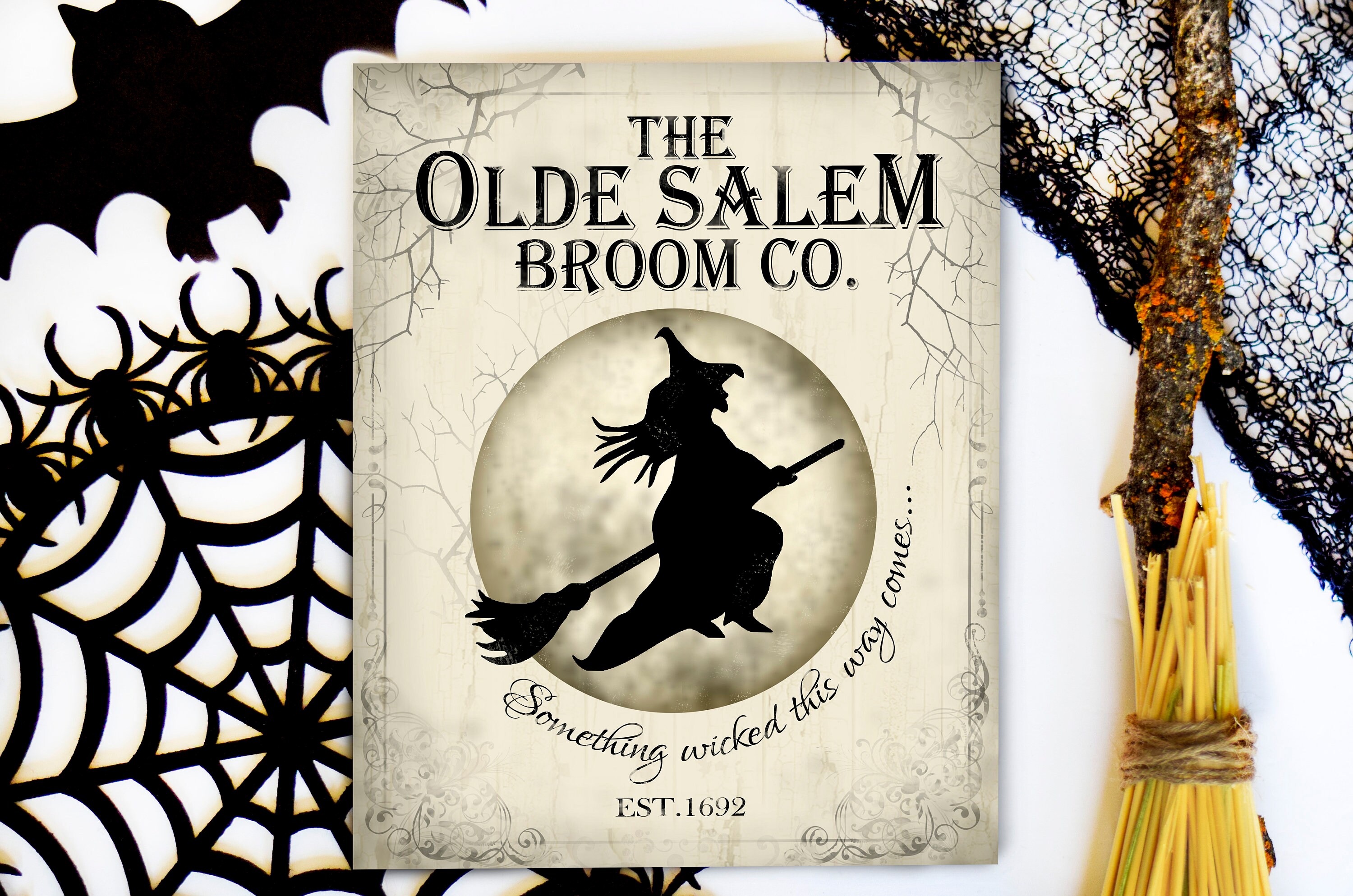 Olde Salem Broom Co Sign - Halloween Print - Halloween Decor - Witch Print - Halloween Wall Art - Witch and Broomstick Decor - PRINT ONLY -