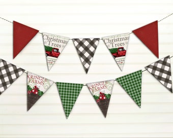 Buffalo Check Christmas Pennant Banner - Christmas Tree Garland - Merry Christmas Bunting - Red Truck Christmas Decor - Printable Download