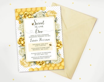 Bumble Bee Baby Shower Invite - Sweet as Can Bee Shower Invitation - Roses Baby Shower Invite - Floral Baby Shower Invitation - Printable