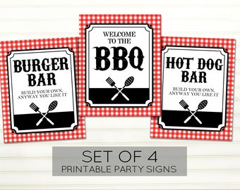 May include: Set of four printable party signs with a red and white gingham background. The signs feature black text and graphics, and say "Burger Bar", "Welcome to the BBQ", "Hot Dog Bar", and "Set of 4 Printable Party Signs".