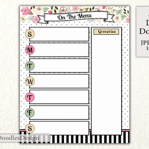 Floral Menu Planner Kitchen Menu Board Dry Erase Menu Printable Menu Planner Meal Plan Printable Watercolor Kitchen Print image 3