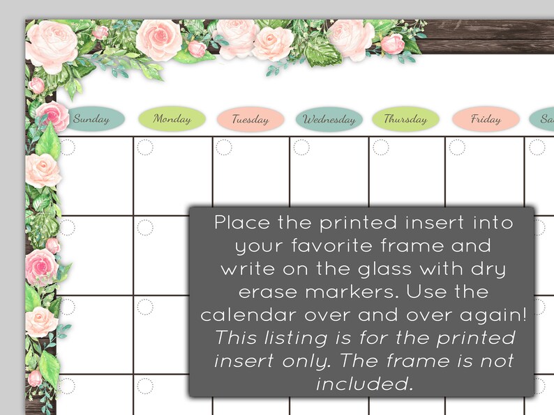 Pink Roses Floral Calendar Monthly Calendar Insert Dry Etsy