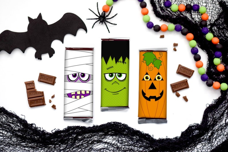 Halloween Party Favor Halloween Treat Tags Halloween Candy Bar Wrappers Printable Candy Bar Labels Frankenstein Mummy Pumpkin image 1