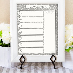 Dry Erase Menu Board - Weekly Menu Printable - Menu Planner - Dinner Menu Board - Kitchen Printable - Kitchen Decor - Gray Kitchen Print