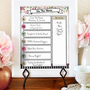 Floral Menu Planner Kitchen Menu Board Dry Erase Menu Printable Menu Planner Meal Plan Printable Watercolor Kitchen Print image 2