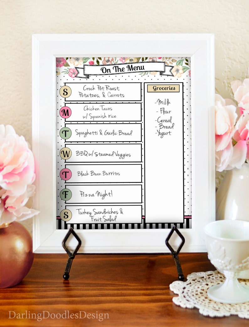 Floral Menu Planner Kitchen Menu Board Dry Erase Menu Printable Menu Planner Meal Plan Printable Watercolor Kitchen Print image 2