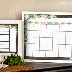 Pink Floral Monthly Calendar - Pink Floral Weekly Menu Planner - Printed Monthly Calendar - Printed Menu Planner - Dry Erase Board Inserts -
