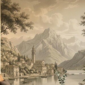 Vintage Etched Mediterranean Landscape Mural, Old World Wall Decor, Italian Village Wallpaper, Rustic Lake Como Scenic Art, Classic Theme