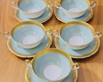 Juego de 5 tazas y platillos de sopa de porcelana fina Aynsley, color azul claro y dorado crema, fabricadas en Inglaterra.