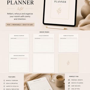 Puede incluir: Un planificador de descarga digital con el texto "MONTHLY RESET PLANNER". El planificador incluye secciones para la visión general mensual, objetivos, hábitos y reflexión. Está diseñado para la claridad y la vida intencional, y está disponible en formato PDF.