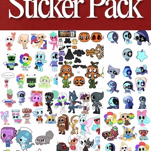 Könnte beinhalten: Ein Sticker-Pack mit verschiedenen Cartoon-Charakteren und Designs. Die Aufkleber weisen eine Vielzahl von Farben und Stilen auf, darunter Charaktere mit floralen, geometrischen und abstrakten Elementen. Der Text "Sticker Pack" wird in fetter, weißer Schrift angezeigt.
