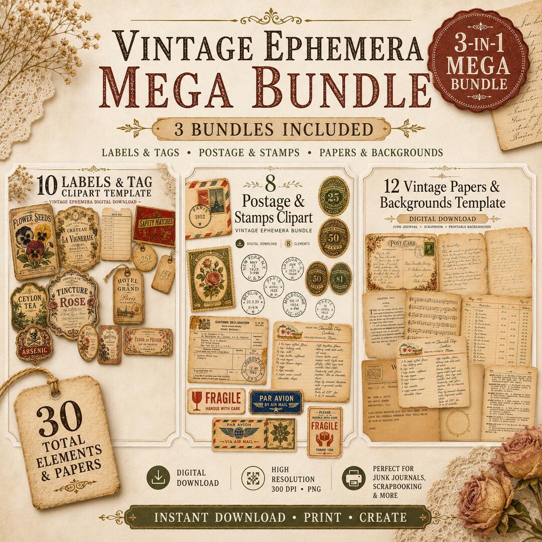 Vintage Ephemera Mega Bundle PNG, Printable Junk Journal Supplies ...