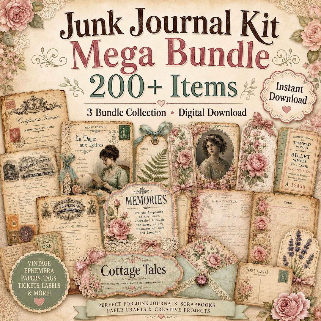 Vintage Junk Journal Kit Mega Bundle, Pink Floral Ephemera Pack, Shabby ...