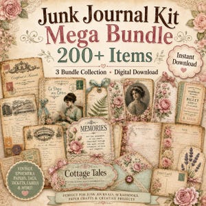 May include: A digital junk journal kit mega bundle with over 200 items. The kit includes vintage ephemera, papers, tags, tickets, labels, and more. The design features floral and antique elements, perfect for scrapbooking and creative projects.