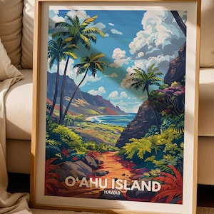 May include: A framed art print featuring a vibrant landscape of O'ahu Island, Hawaii, with palm trees, lush green foliage, rocky cliffs, and a blue ocean under a cloudy sky. The text O'AHU ISLAND HAWAII is printed in white at the bottom.