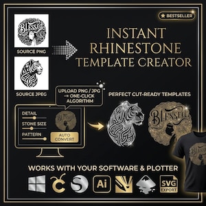 Puede incluir: Diseño gráfico en negro y dorado para plantillas de pedrería. La imagen muestra una pantalla de ordenador con opciones de detalle, tamaño de piedra y patrón. El texto dice "Instant Rhinestone Template Creator" y "Works with your software & plotter."