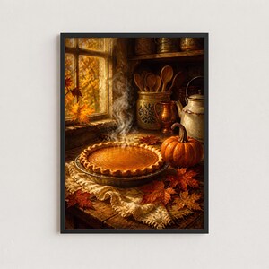 Può includere: Una stampa artistica da parete incorniciata che raffigura una torta di zucca fumante su un tavolo di legno accanto a una zucca arancione intera e foglie autunnali sparse. Sullo sfondo, una finestra mostra il fogliame autunnale.