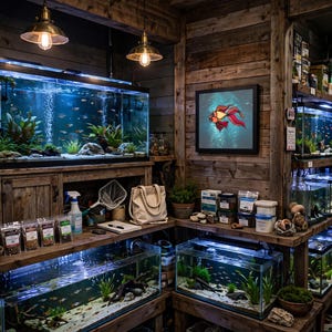 May include: A retail space featuring multiple glass aquariums filled with water, aquatic plants, and small fish, arranged on rustic wooden shelving units. A framed illustration of a red and orange goldfish hangs on the wood-paneled wall.