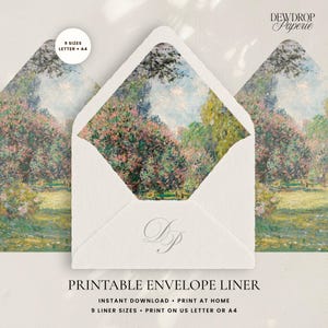 May include: Three white envelopes with a landscape painting visible inside. The envelopes have a textured finish and a silver monogram. Text on the image reads "PRINTABLE ENVELOPE LINER" and "9 SIZES LETTER + A4". The brand name "DEWDROP Paperie" is also visible.