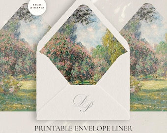 Modello di fodera per busta con motivo giardino primaverile, inserto floreale stampabile per matrimonio, scena impressionista di parco in PDF, formato A4 + US Letter, 9 misure